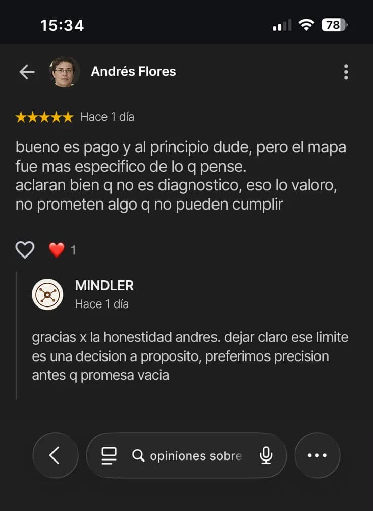 Mensagem em espanhol de Andrés Flores sobre a experiência com o Manual.