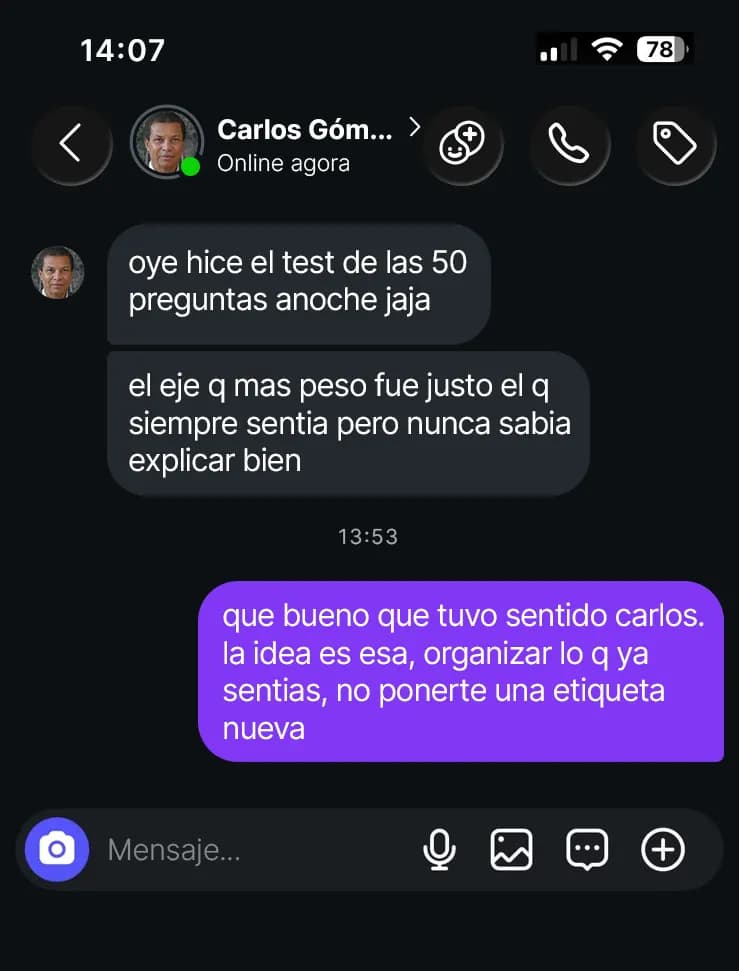 Mensagem em espanhol de Carlos Gómez sobre a experiência com o Manual.