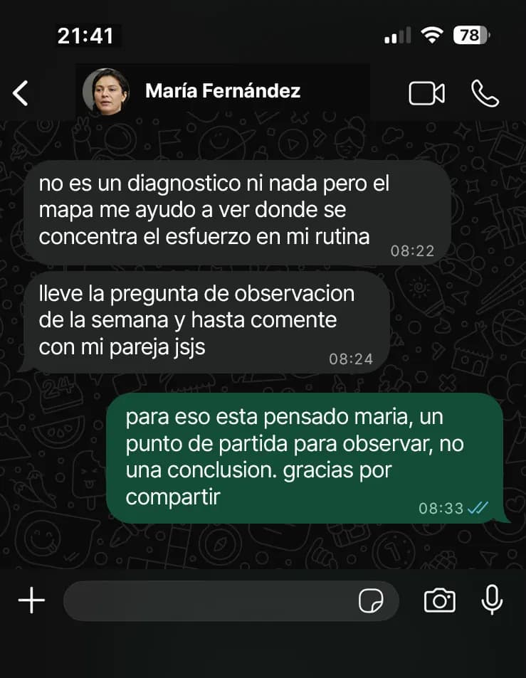 Mensagem em espanhol de María Fernández sobre a experiência com o Manual.